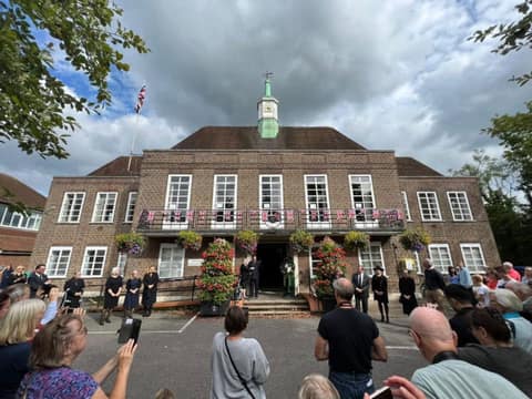 Crowd gathered outside Beaconsfield Town Hall for the Royal Proclamation